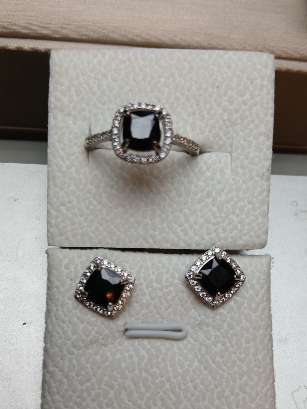 Sterling Silver Black Onyx Cushion Cut Ring & Earring Set Halo Accent Size 7